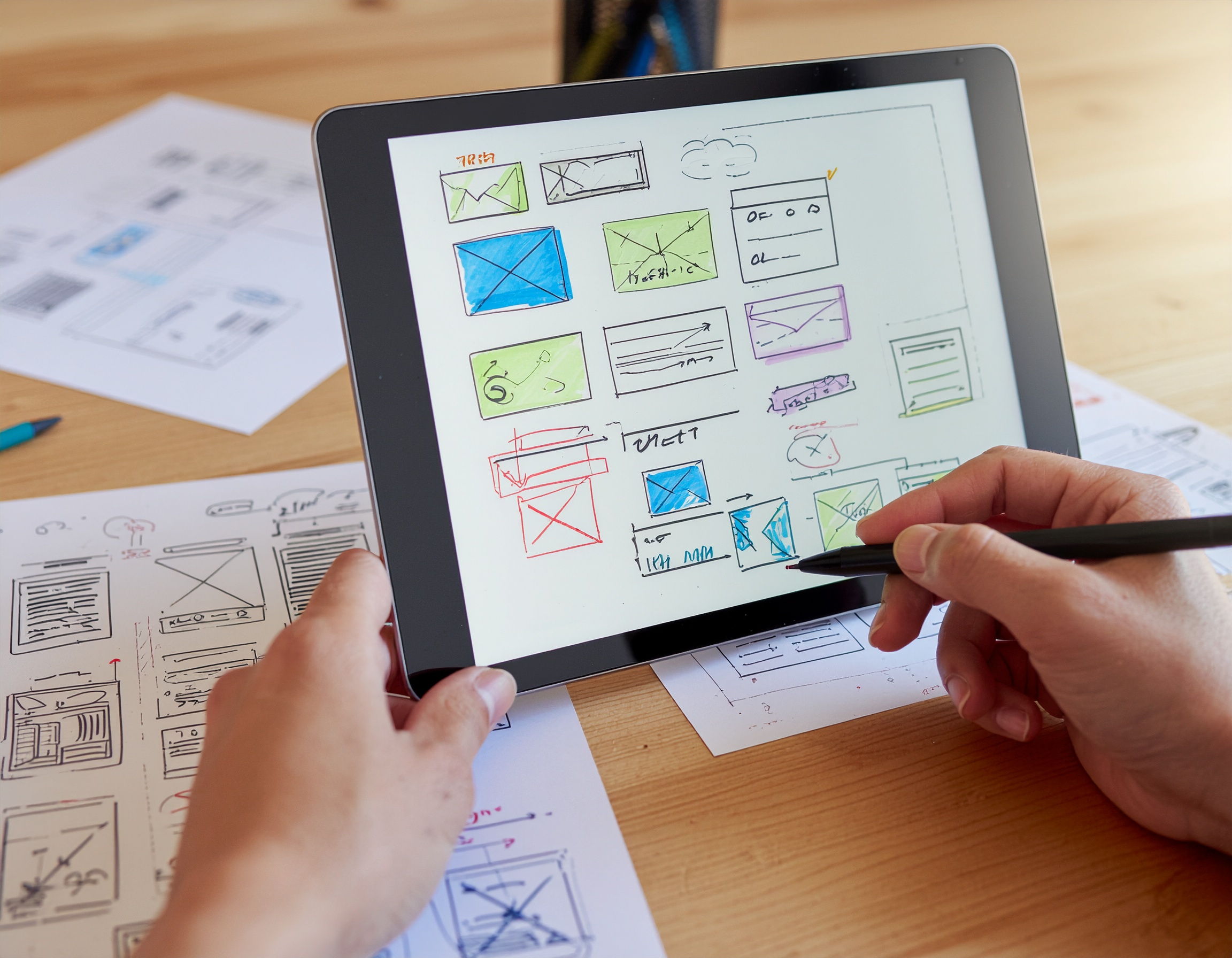 タブレットでUIワイヤーフレームを描く様子